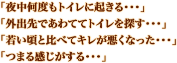 「夜中何度もトイレに起きる・・・」 「外出先であわててトイレを探す・・・」 「若い頃と比べてキレが悪くなった・・・」 「つまる感じがする・・・」
