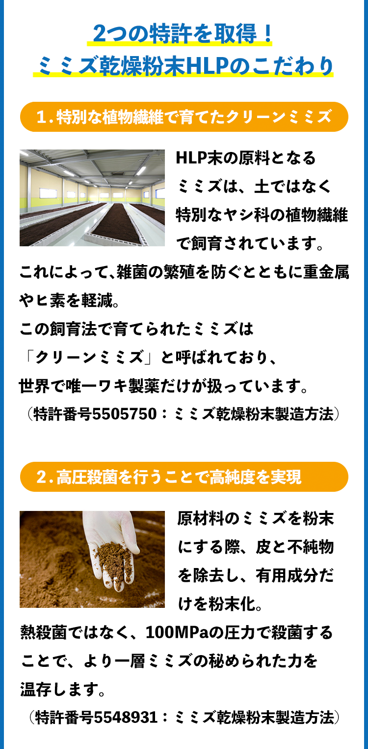 2つの特許を取得！ ミミズ乾燥粉末HLPのこだわり