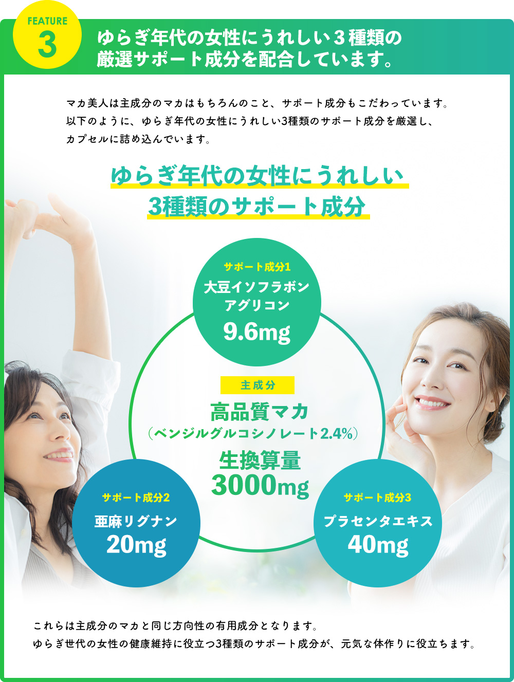 女性に嬉しい3種類の厳選サポート成分を配合しています。