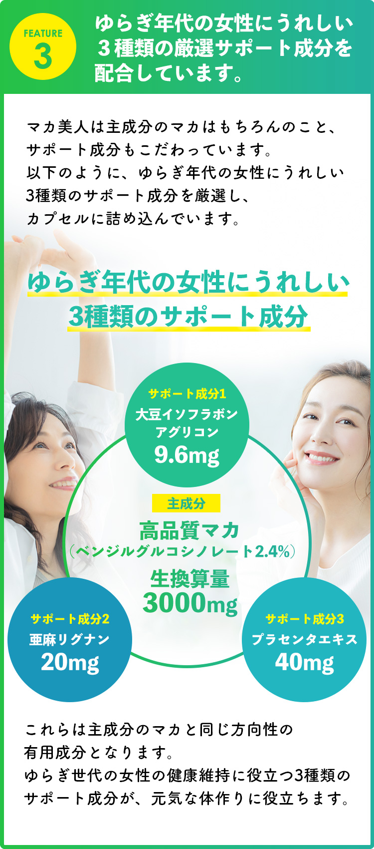 女性に嬉しい3種類の厳選サポート成分を配合しています。